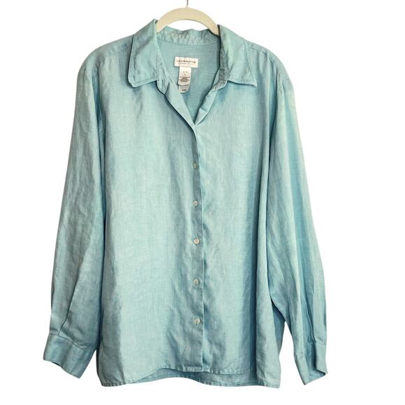 Liz Claiborne LizSport Petite L Blue Linen Shirt Button Front Long Sleeve - Picture 1 of 5